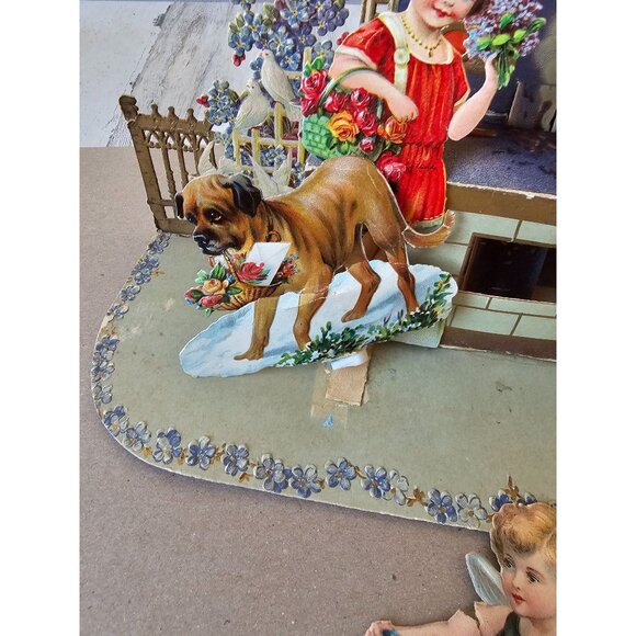 Antique Valentine 3D die cut card dog girl boy Germany cardboard‎ cutout - Picture 3 of 11